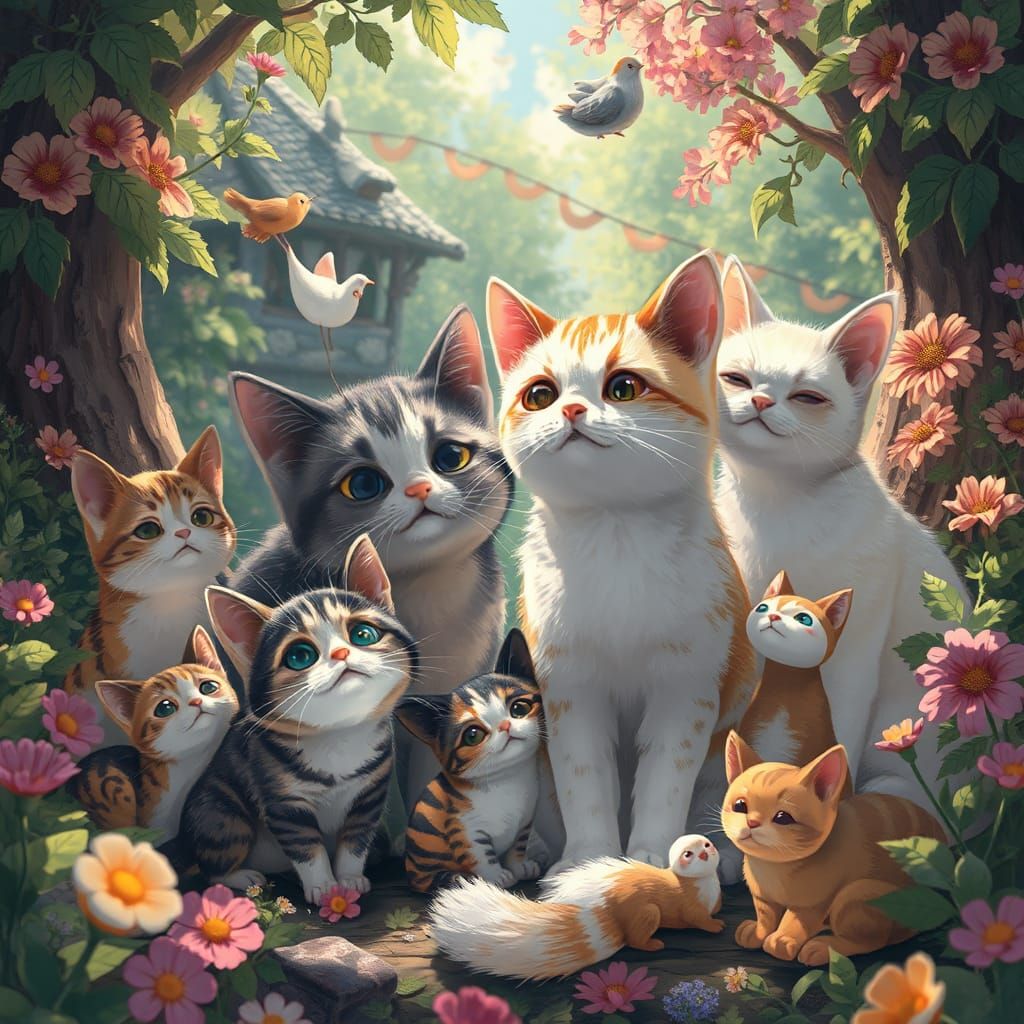 Whimsical Cats and Friends in Anime-Inspired Illustration