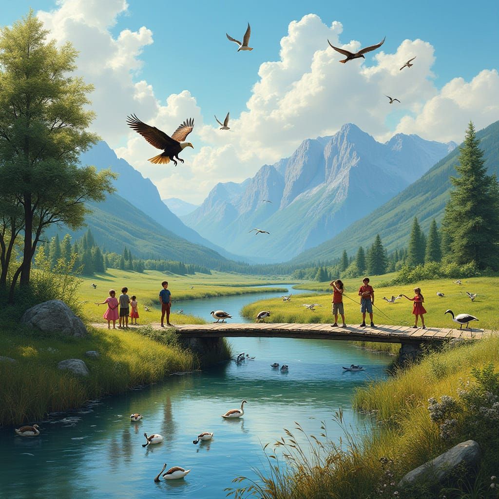 Lush Landscape with River and Mountains