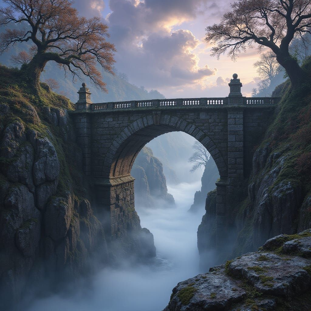Mystic Stone Bridge Over Misty Chasm