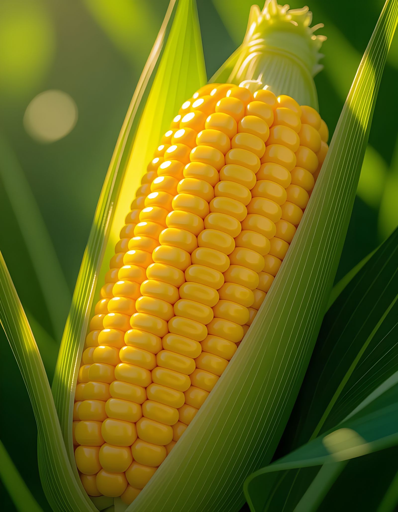 Hyperrealistic Ear of Yellow Corn with Green Leaves