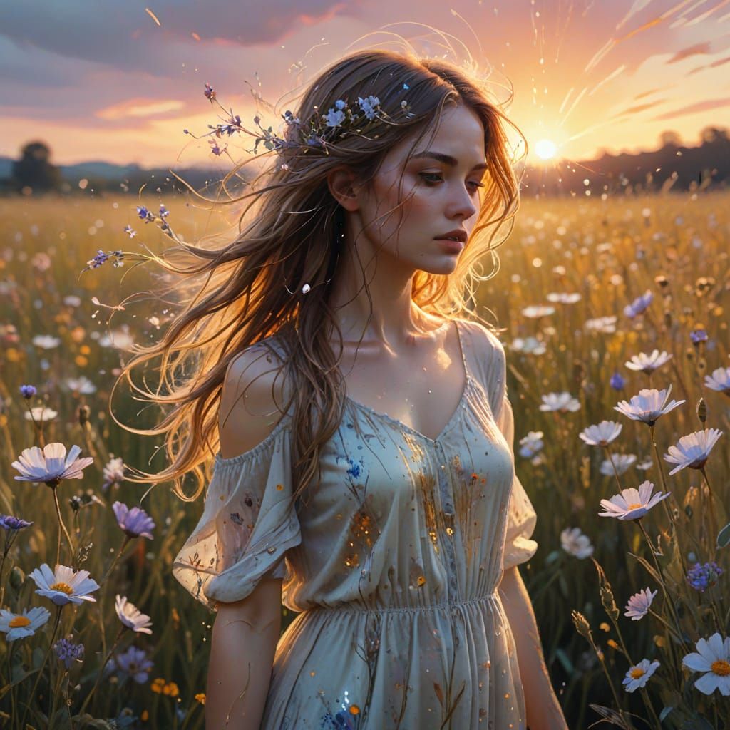 Ethereal Girl in Flower Field, Watercolor Splash Art