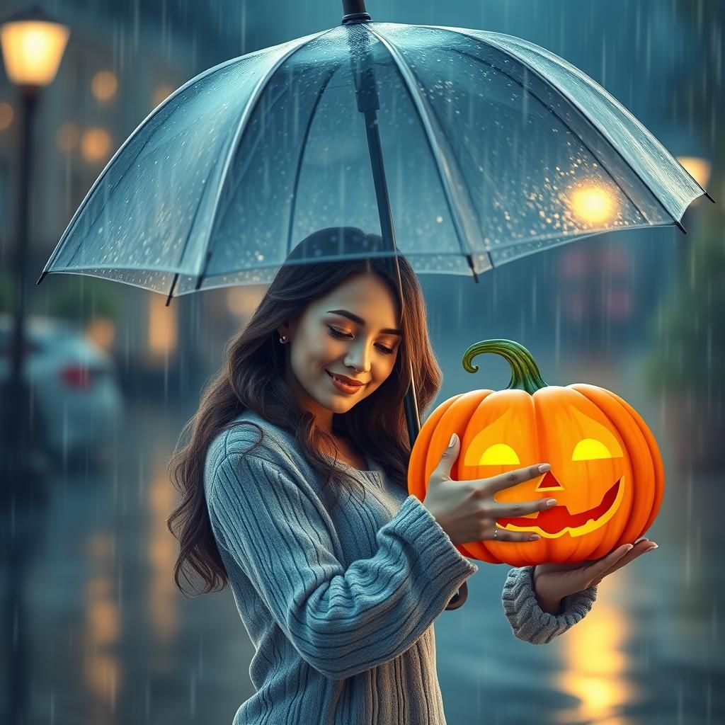 Woman Embracing Glowing Pumpkin in the Rain, Digital Art