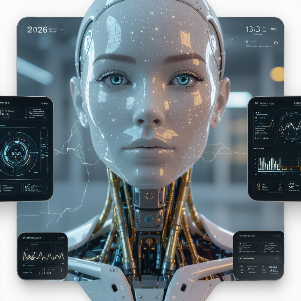 A hyper-realistic, 8K cinematic close-up of a next-generation "Physical AI" humanoid assistant in 2026. The android feat...
