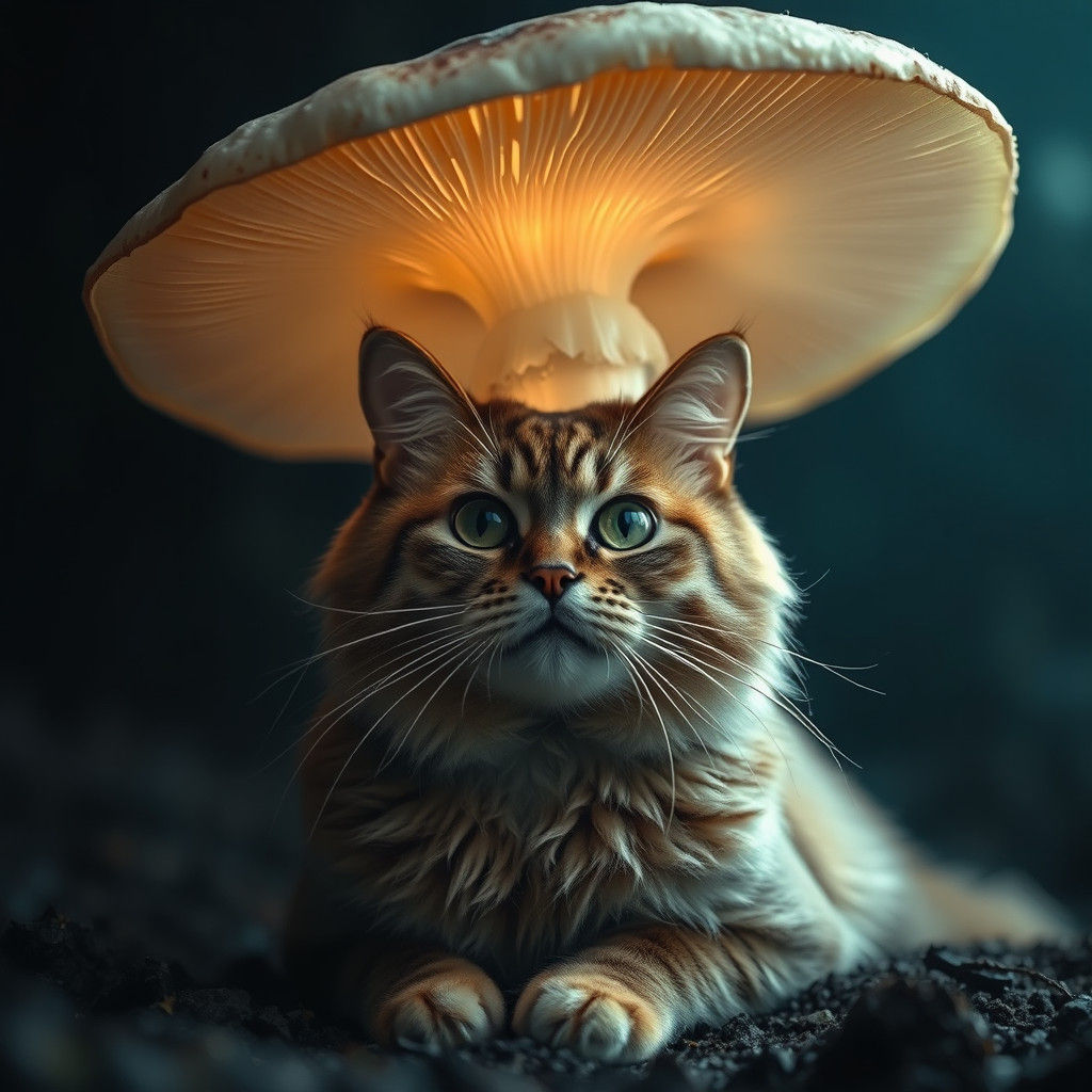 Regal Cat Under Enchanted Mushroom, Hyperrealistic Digital A...
