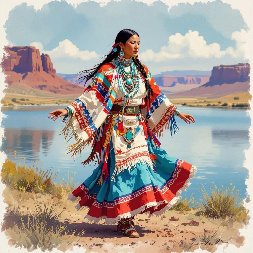 Navajo Woman Dancing by Lake in Traditional Style