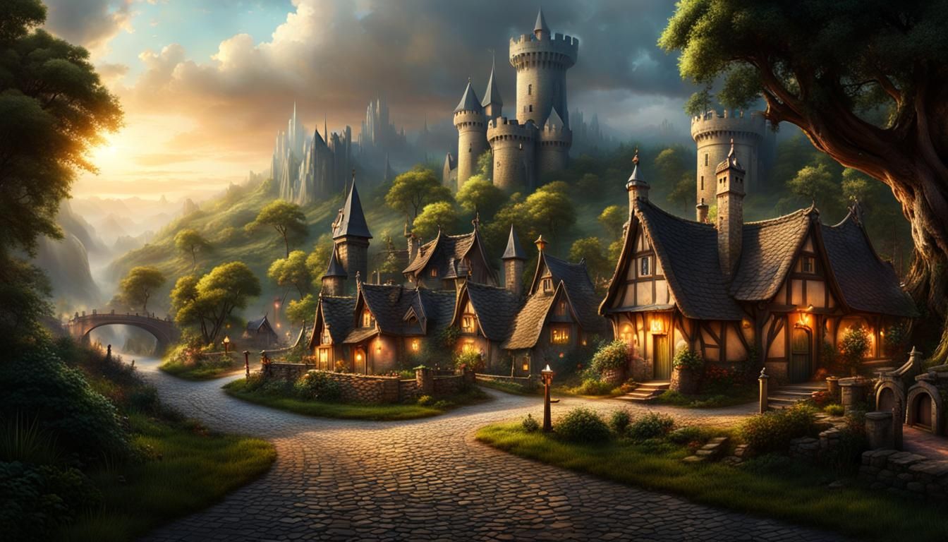 Epic Fantasy Village Road with Knights and Castle