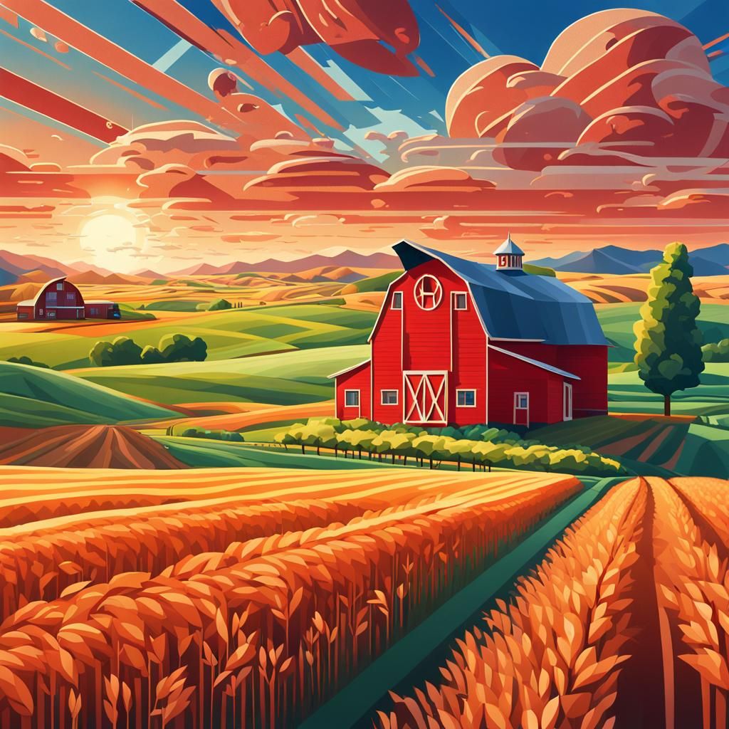 Geometric Farmhouse Landscape with Train, Digital Art