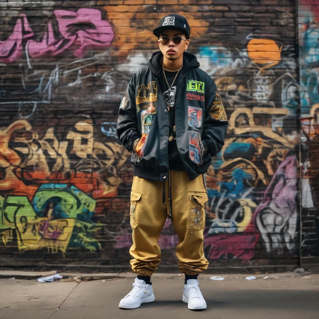 Filipino Rapper in 90s Hip-Hop Style on Urban Street
