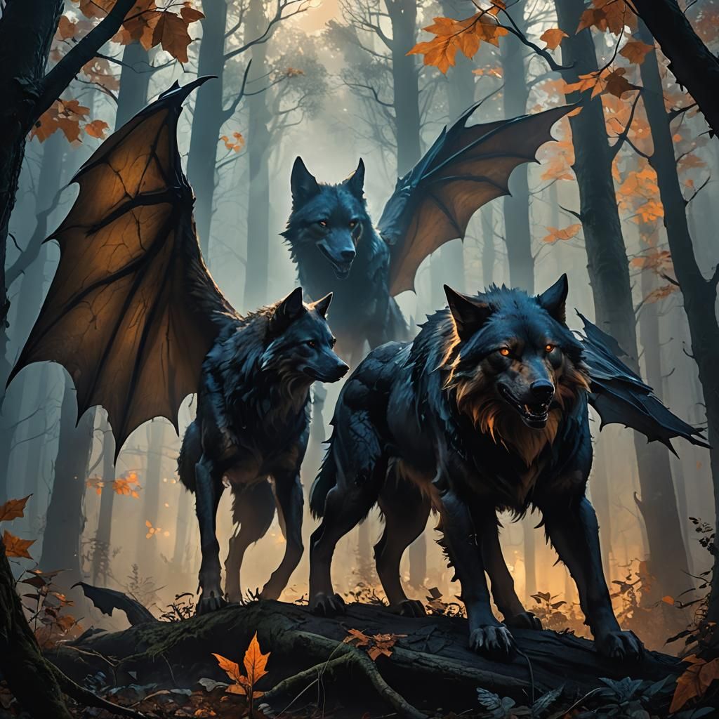 Giant Wolf and Bat Confrontation in Dark Forest