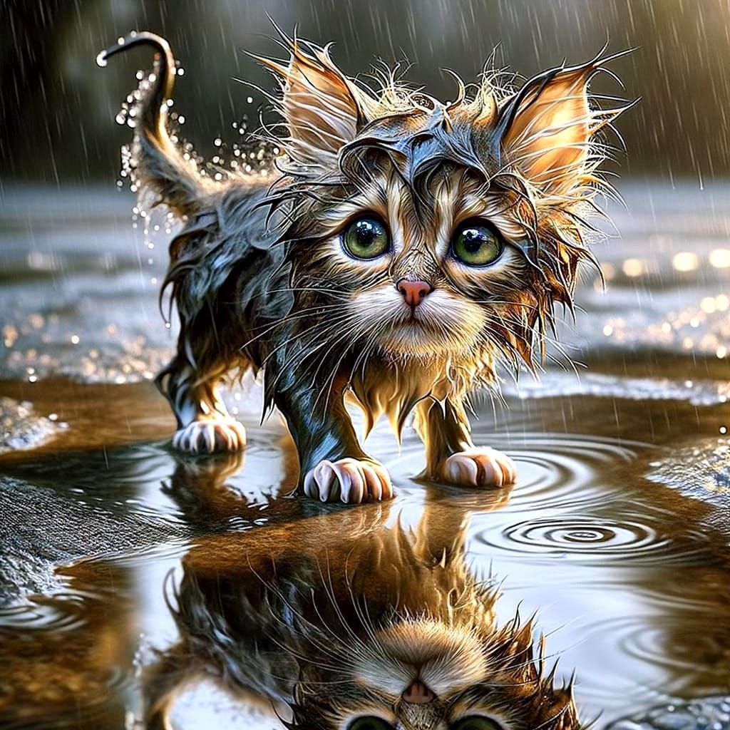 Rainy Day Kitten Reflects in Oil Painting Style