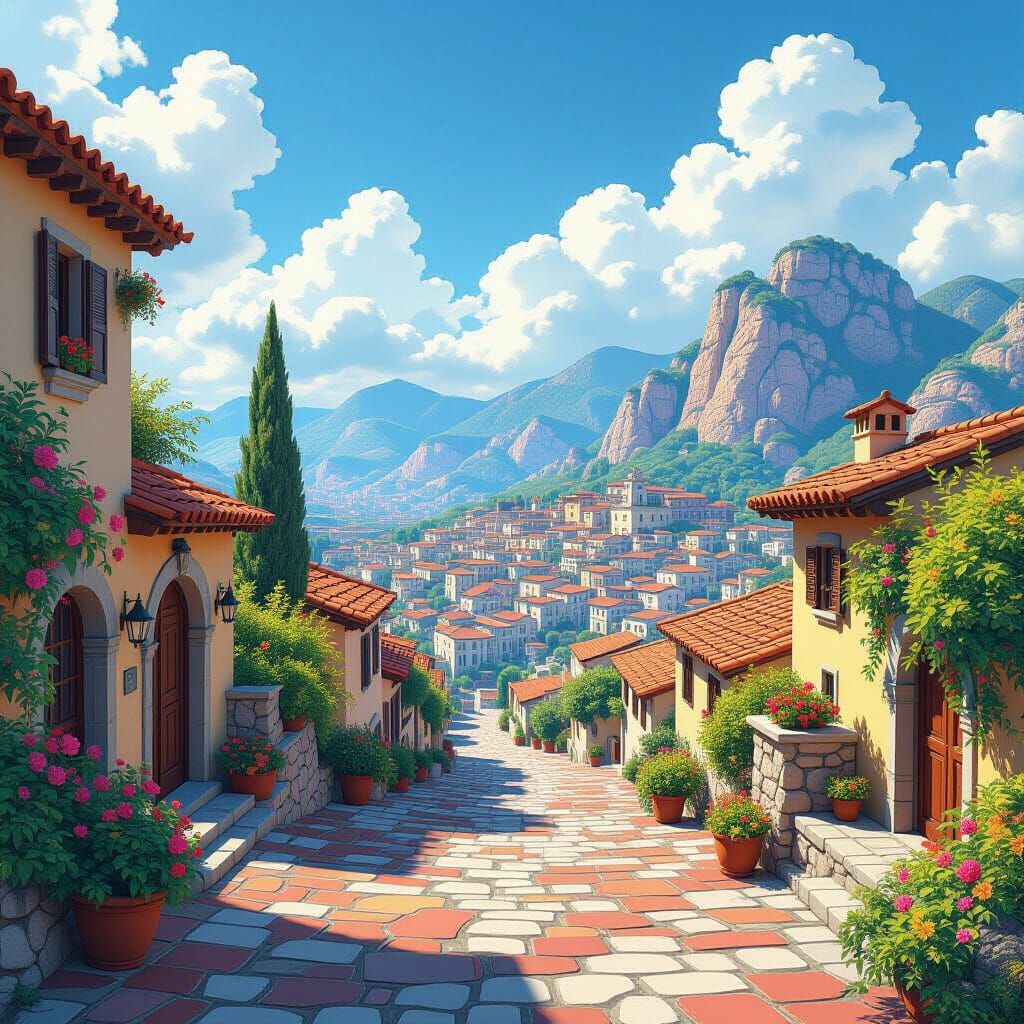 Vibrant Mediterranean Landscape Mural in Anime Style