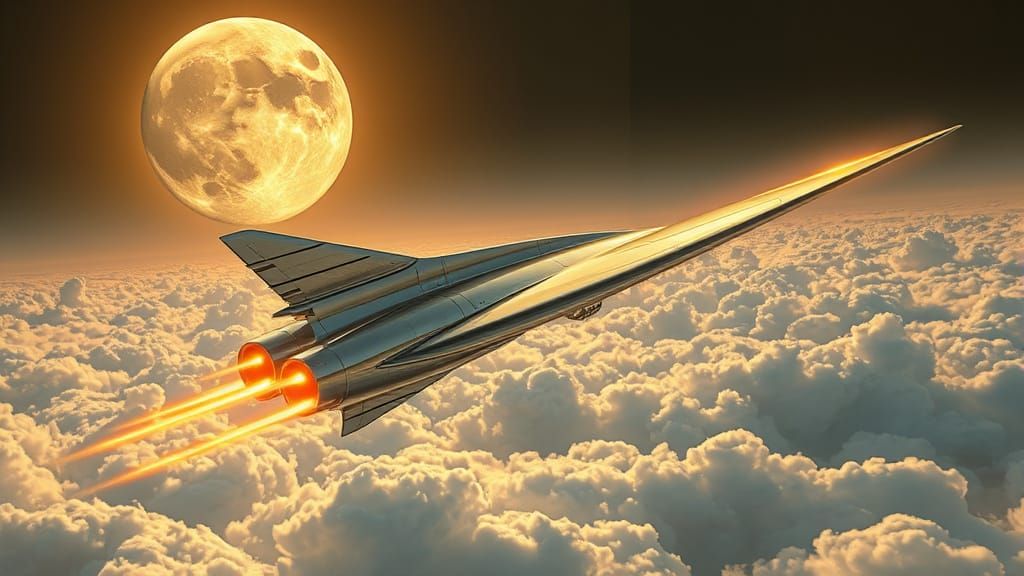 Art Deco Jet Soaring Under Golden Moon