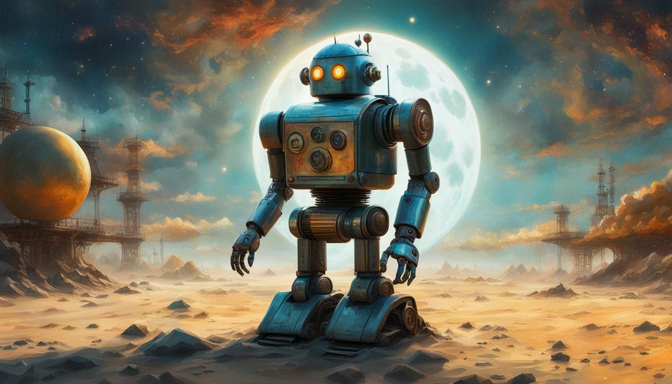 3D Robot Sun and Moon Boxing in Dreamy Surrealism