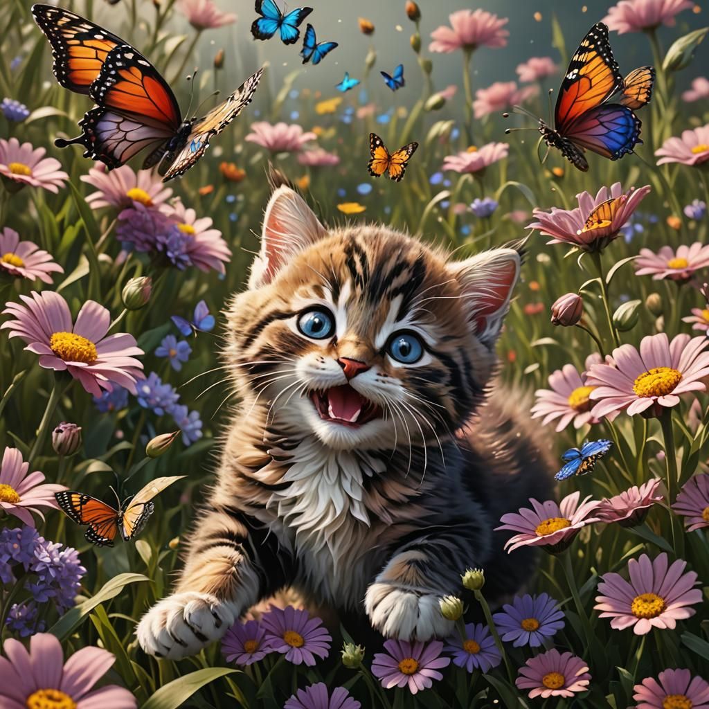 Happy Kitten Pouncing on Butterfly in Flower Field