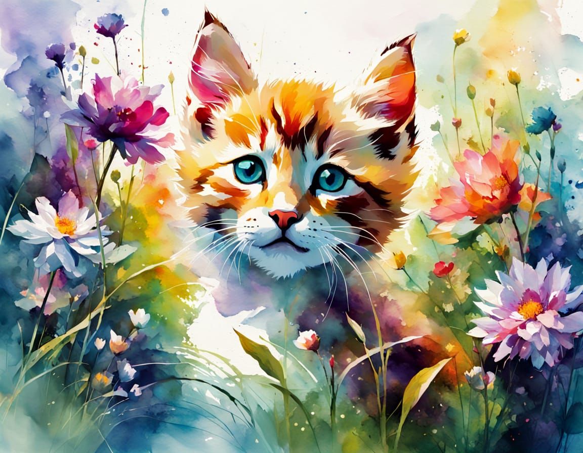 Playful Kitten in Sunlit River Garden, Watercolour Splash Ar...