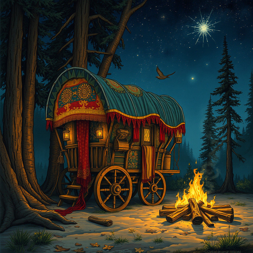Gypsy Wagon at Campfire in Mystical Realism Style
