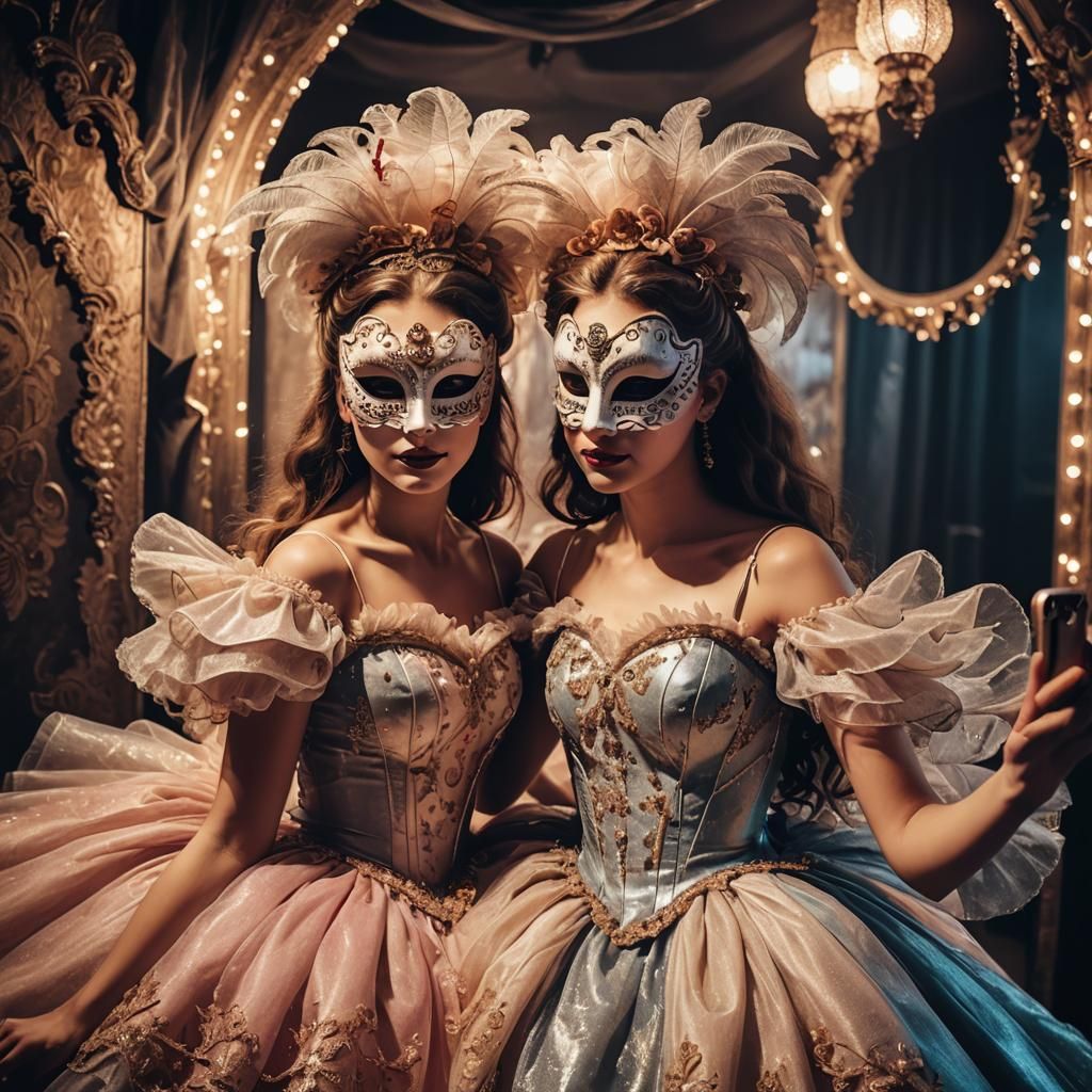 Backlit Teenage Girls in Masks Take Selfie