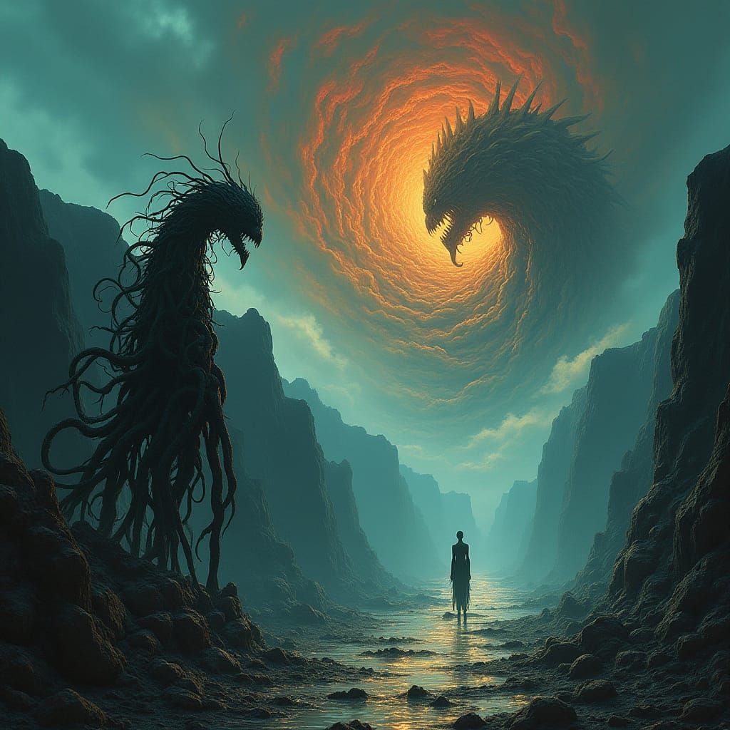 In the heart of a surreal, shifting landscape, the very ground seems to pulse and breathe, as though the land itself is ...