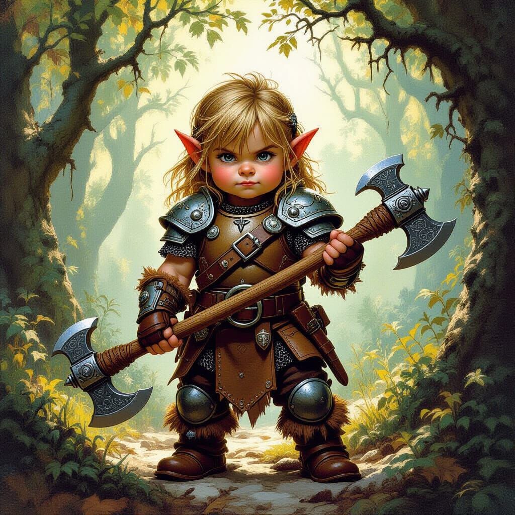 Dwarven Child Warrior in Mystical Forest
