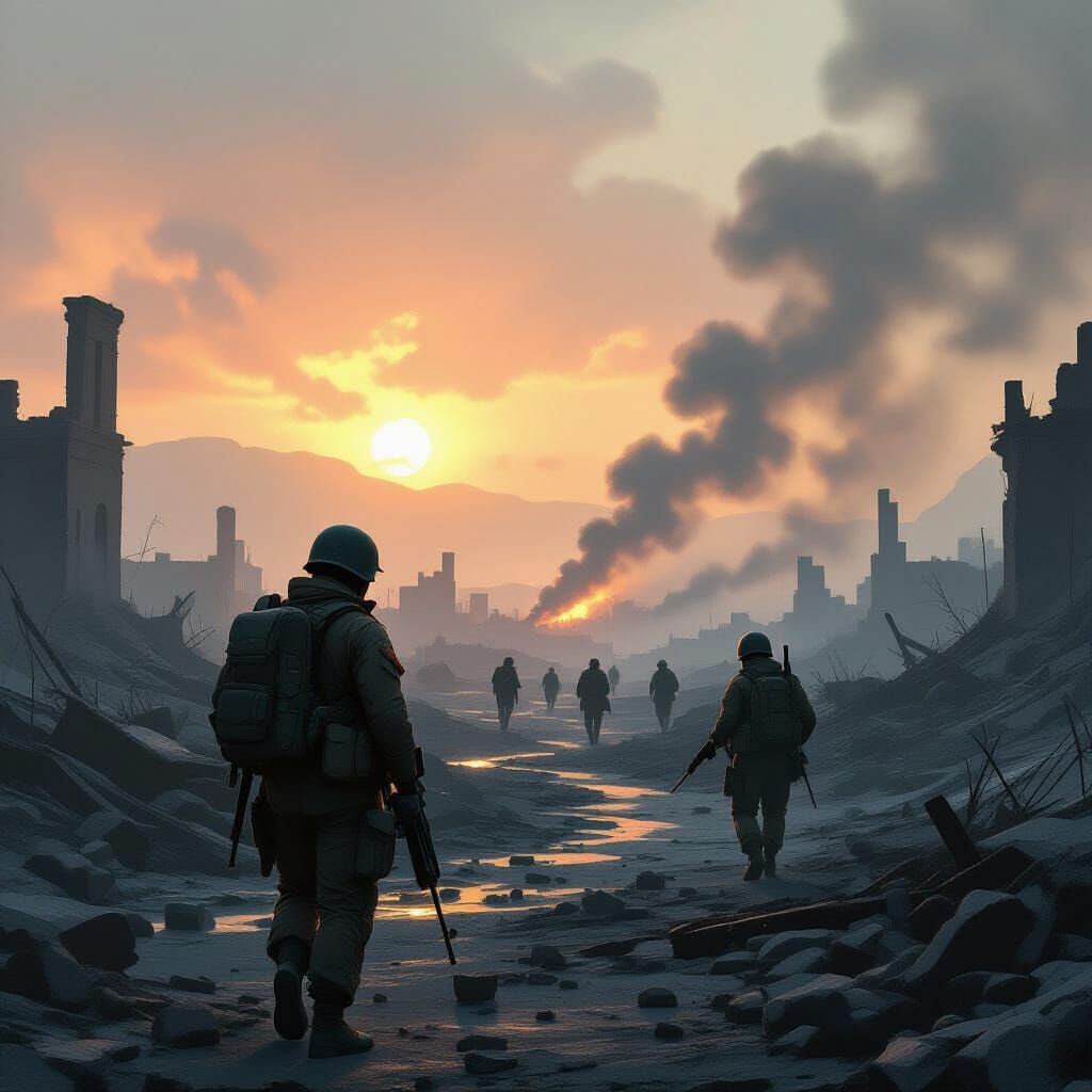 Soldiers in War-Torn Landscape: Gritty Concept Art