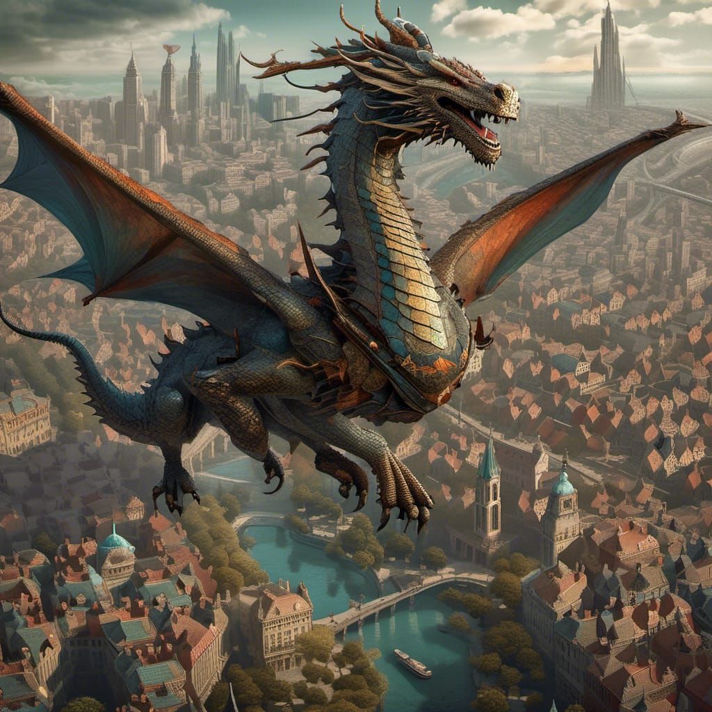Epic Fantasy Dragon Rider in Dieselpunk Cityscape