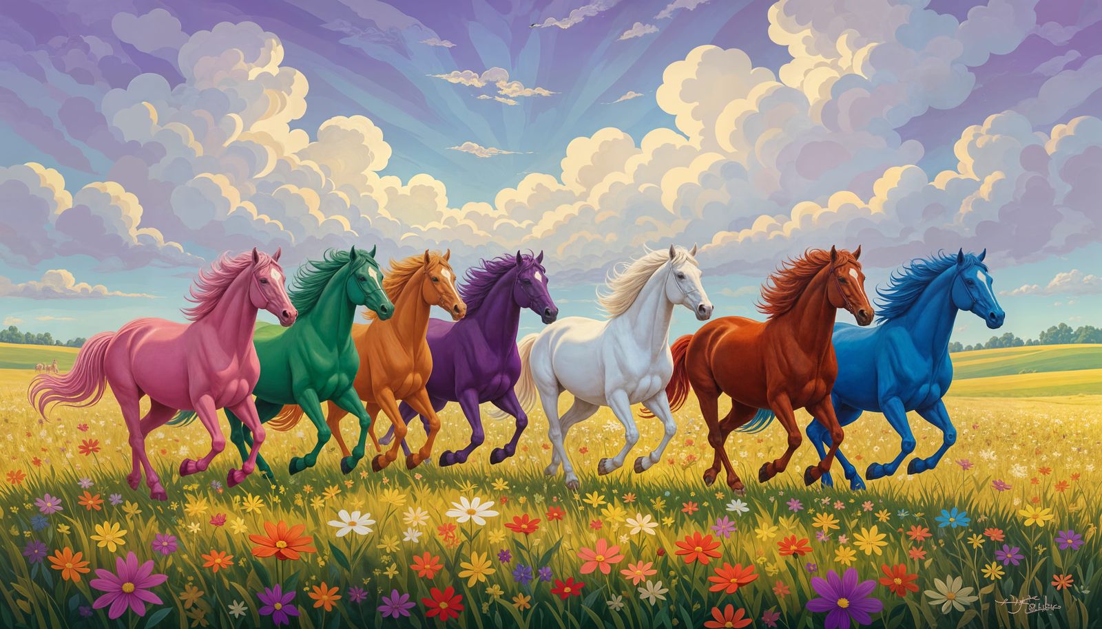 Psychedelic Horses Running in a Crystal Meadow