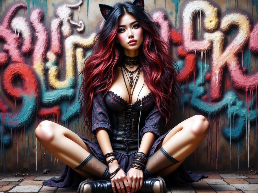 Goth Korean Woman with Graffiti Art in Hyperreal Style