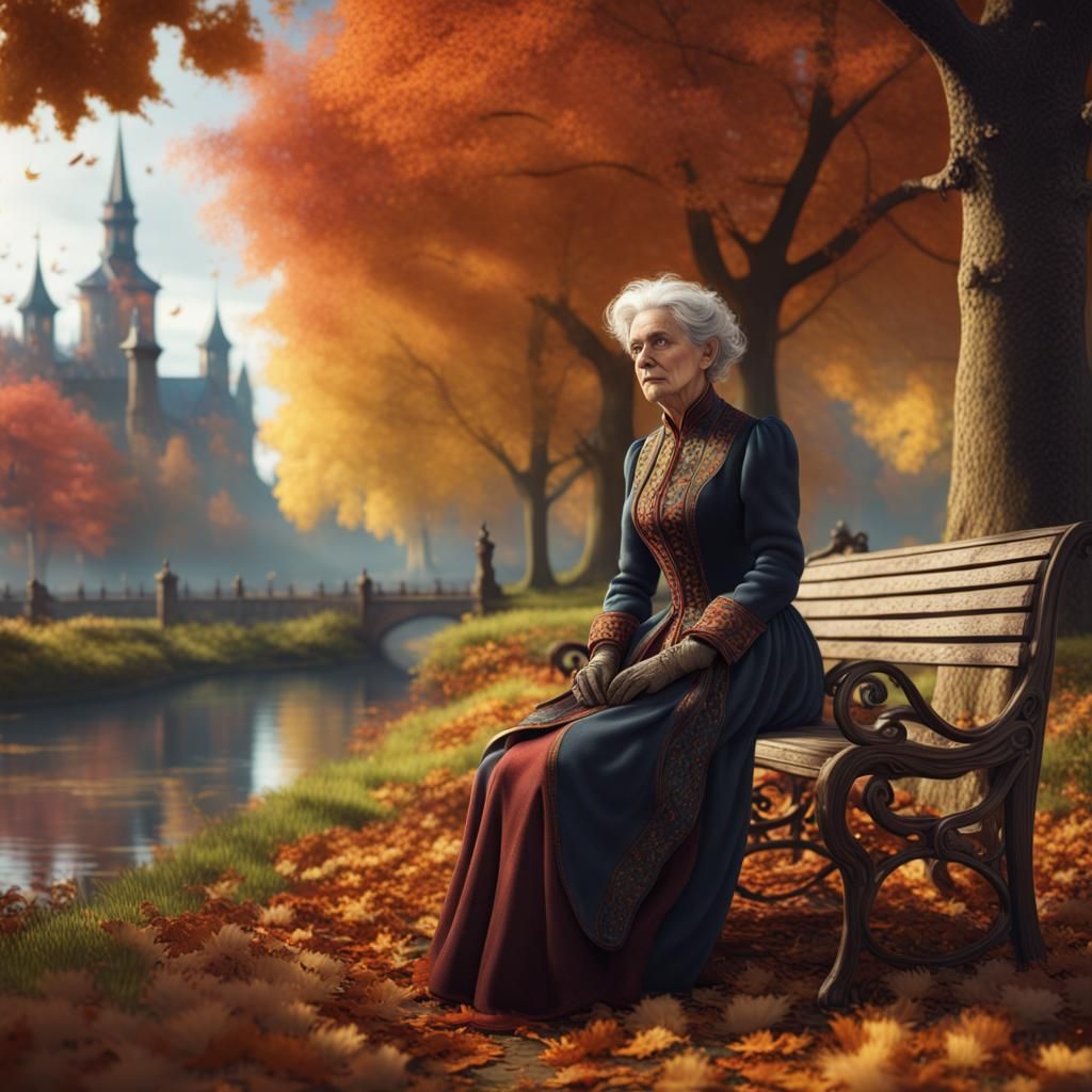 Old Woman on Park Bench in Autumn