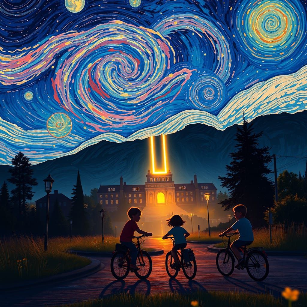 Whimsical Nighttime Scene with Supernatural Portal