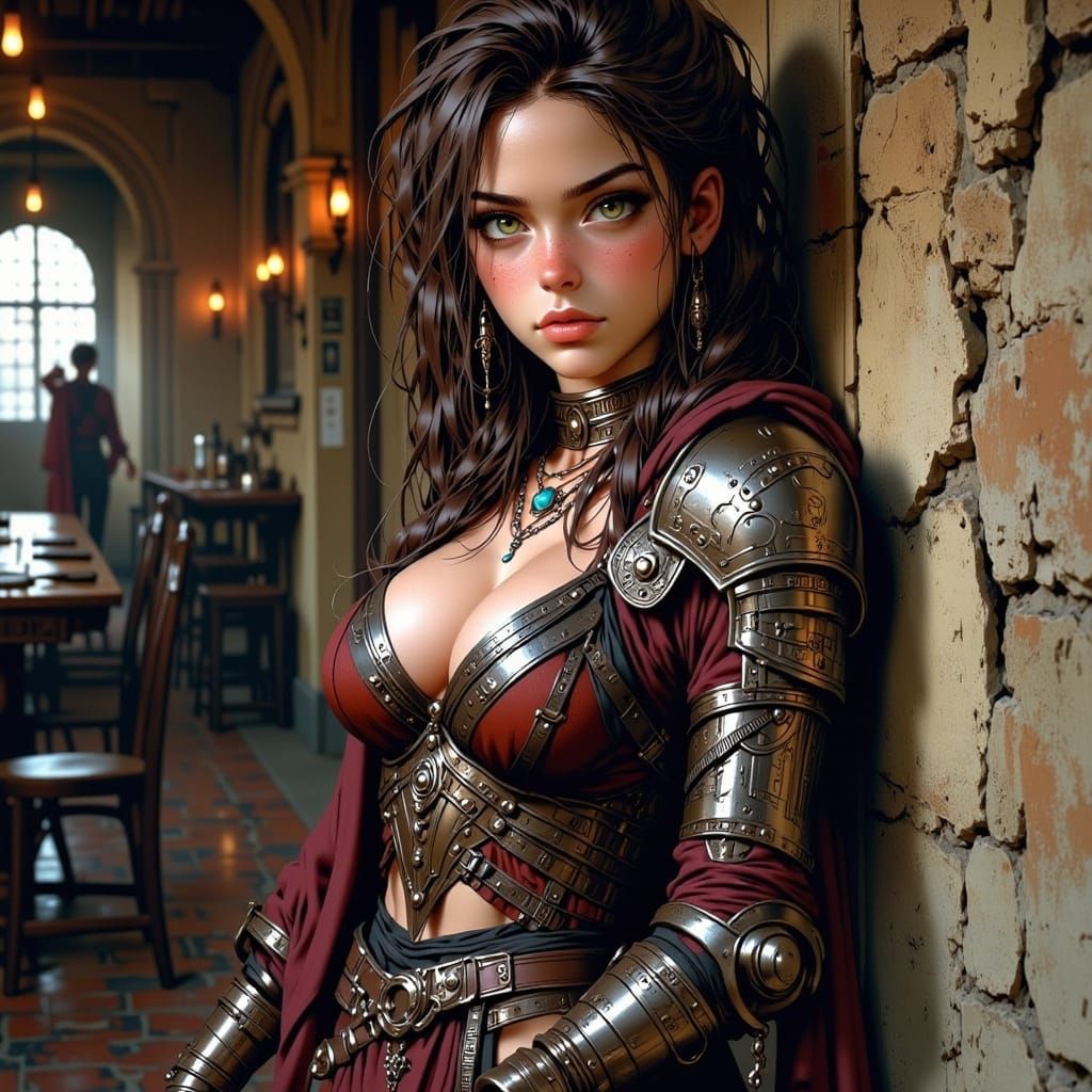 Mercenary Woman in Detailed Fantasy Tavern