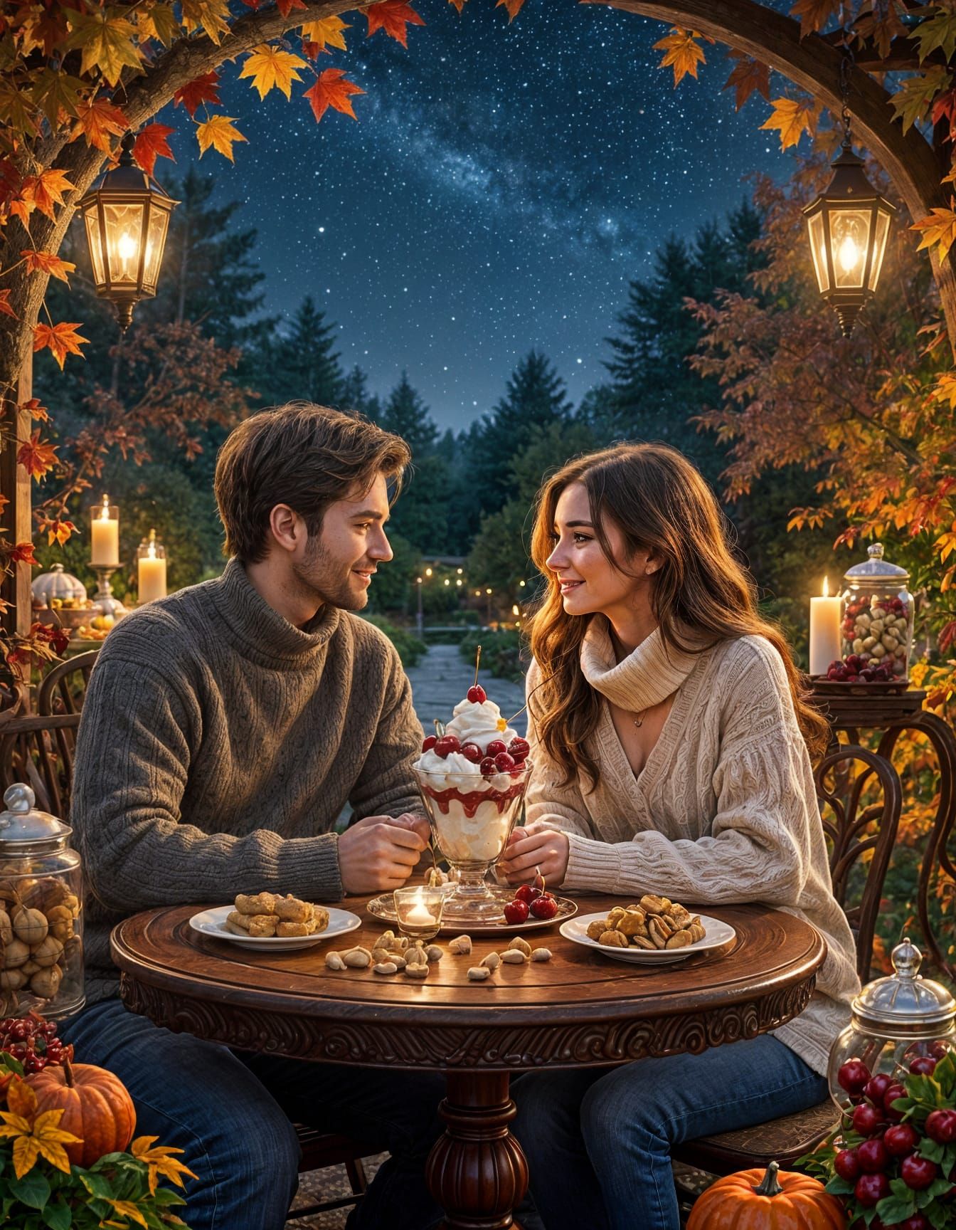 Cozy Autumn Night: Couple Sharing Sundae in Garden