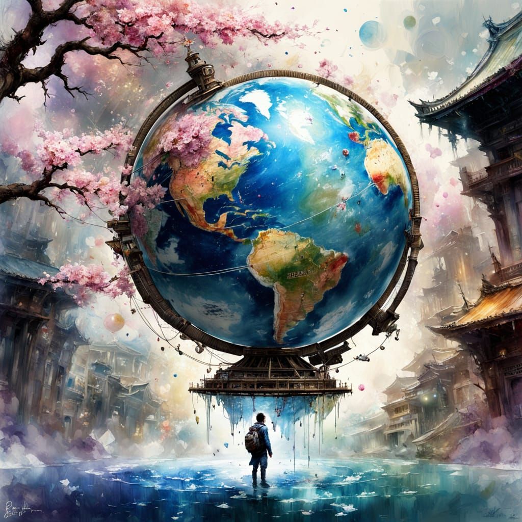 Watercolor Earth in Galaxy with Sakura Blossoms