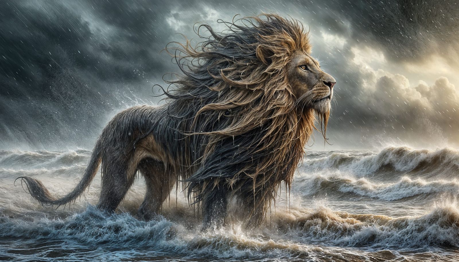 Lion in Stormy Ocean: Detailed Matte Painting