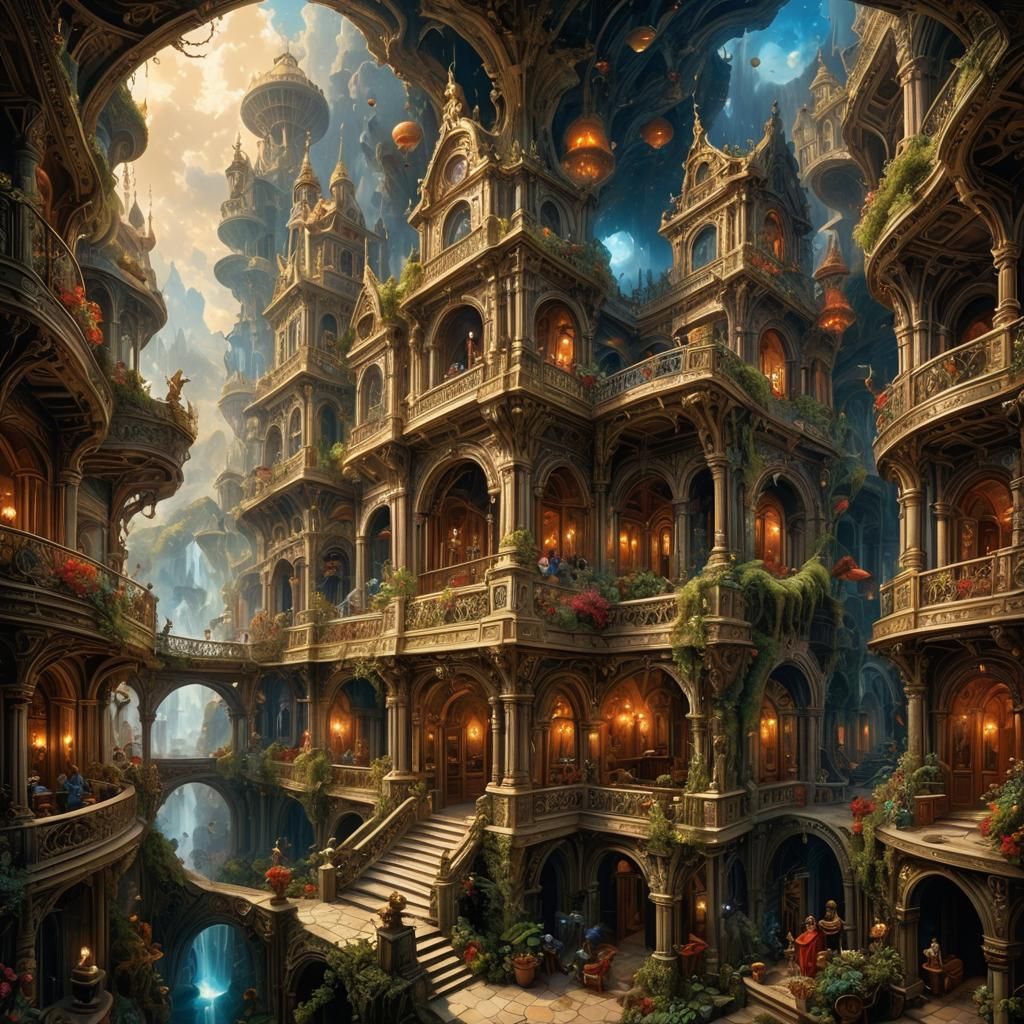 (hotel that could be heaven:1.5) or (that could be hell:1.5), intricately detailed, fantastical, ultra clear, fantasy, p...