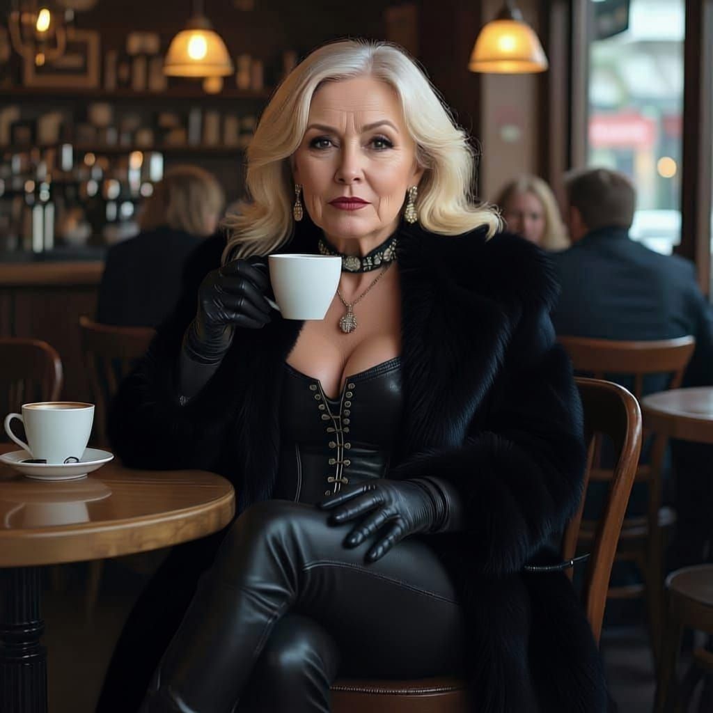 Dominant Woman in Leather Sips Coffee in Busy Cafe