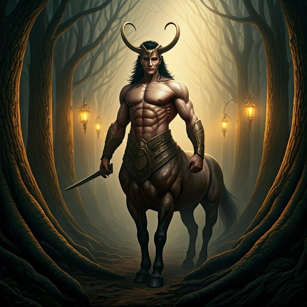 Loki-Inspired Centaur in Mystical Forest