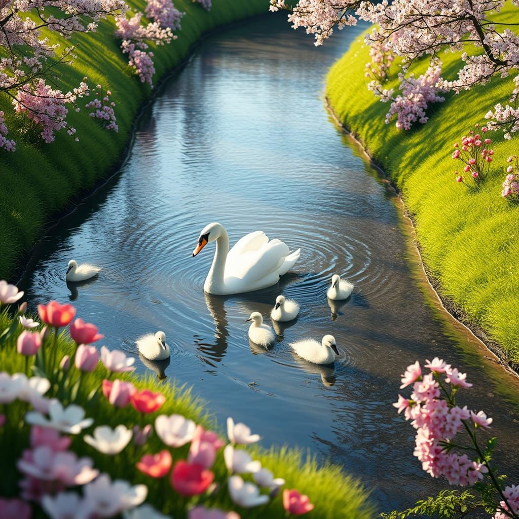Swan Family Glides Down Spring Riverbank