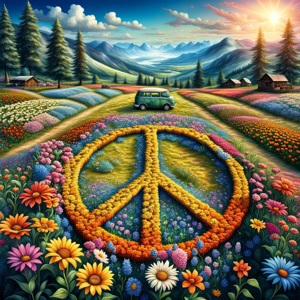 Vibrant Hippie Landscape with Peace Sign in HDR