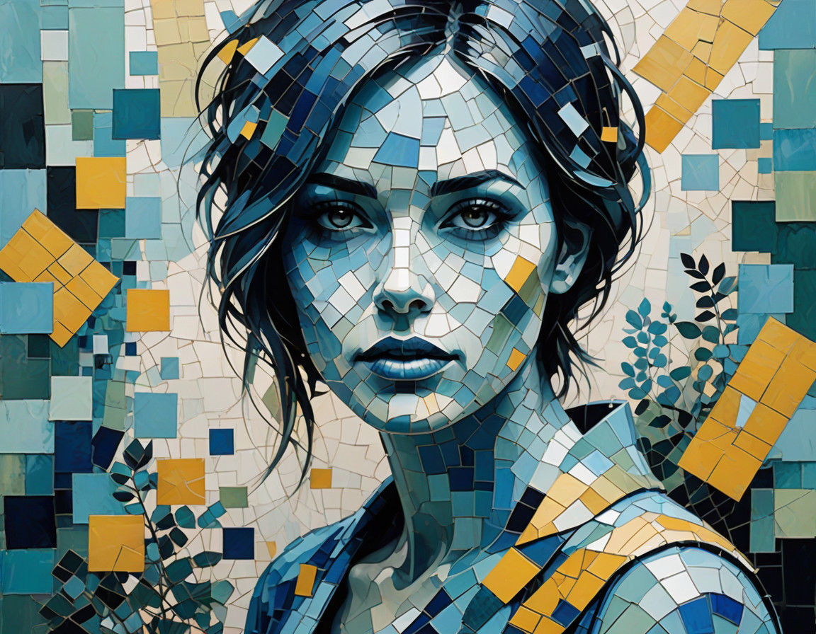Ethereal Woman in Blue, Surrounded by Pastel Garden Mosaic