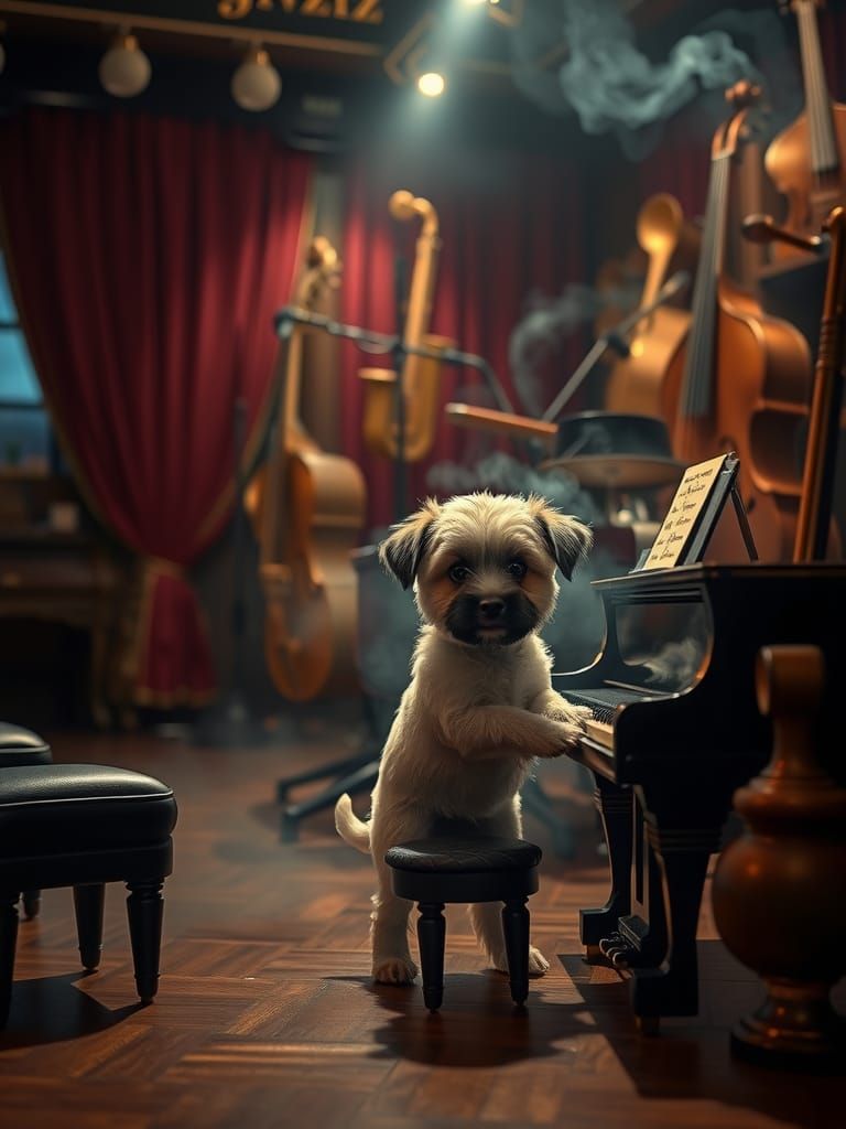Puppy Plays Jazz in Smoky Club: Digital Painting