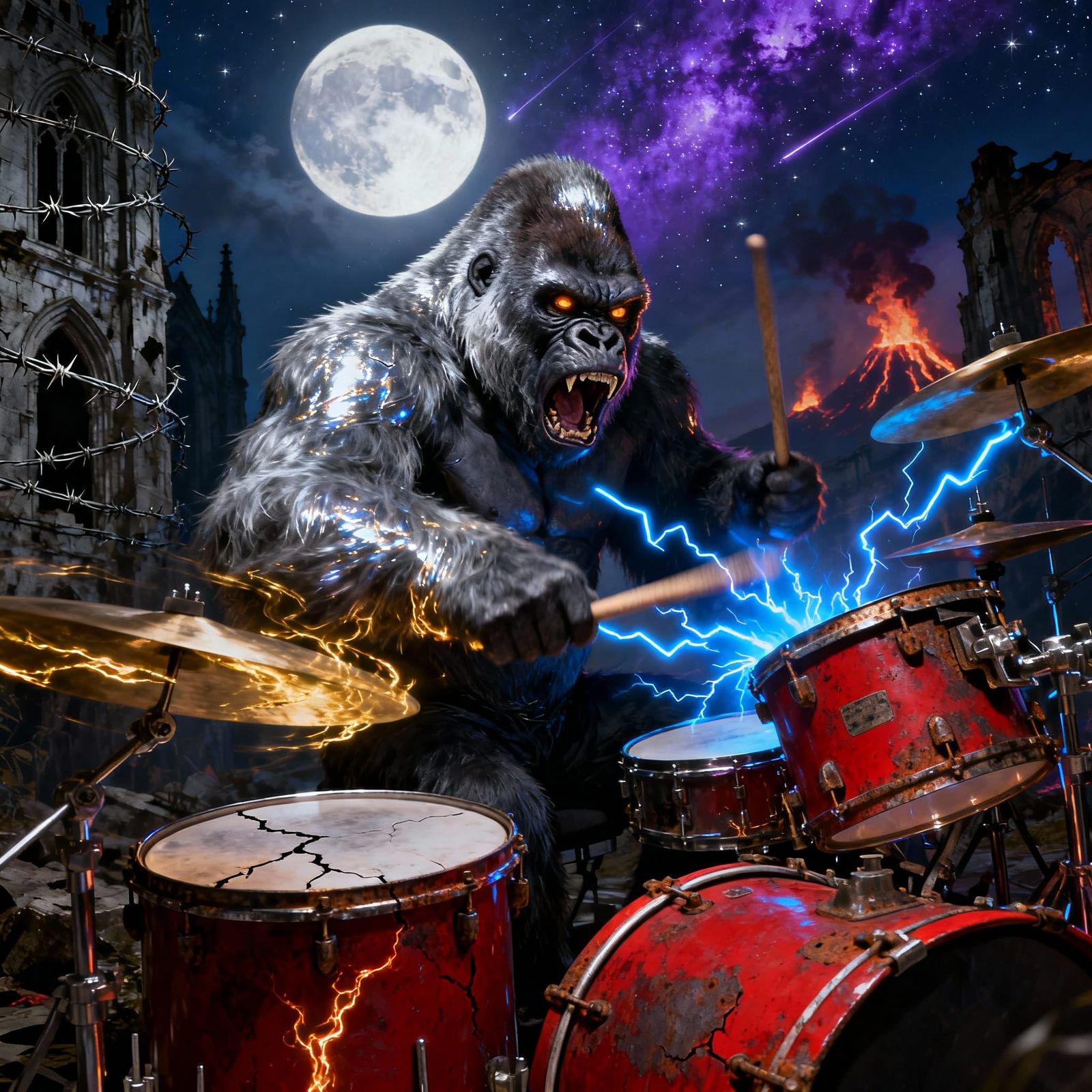 Gorilla Drumming to Heavy Metal Under a Full Moon