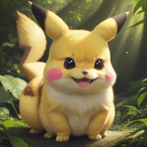 Realistic Pikachu with Happy Smile in Lush Forest