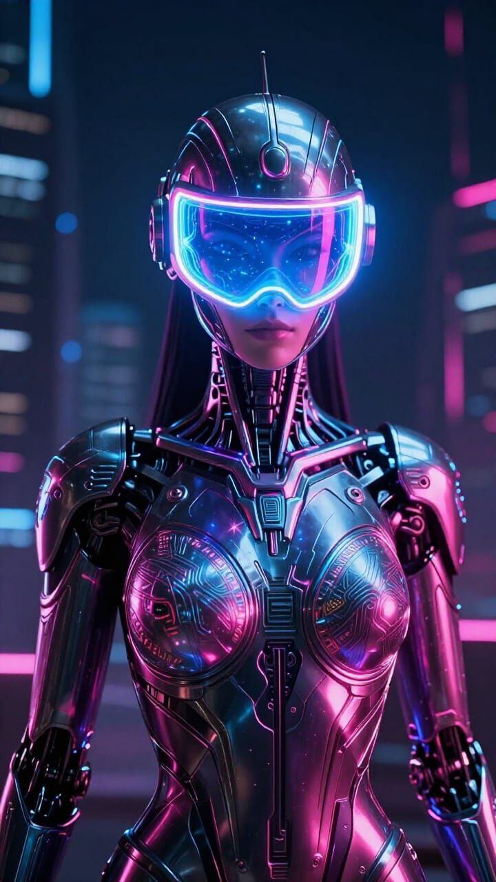 Regal Android Queen in Neon Cyberpunk Cityscape