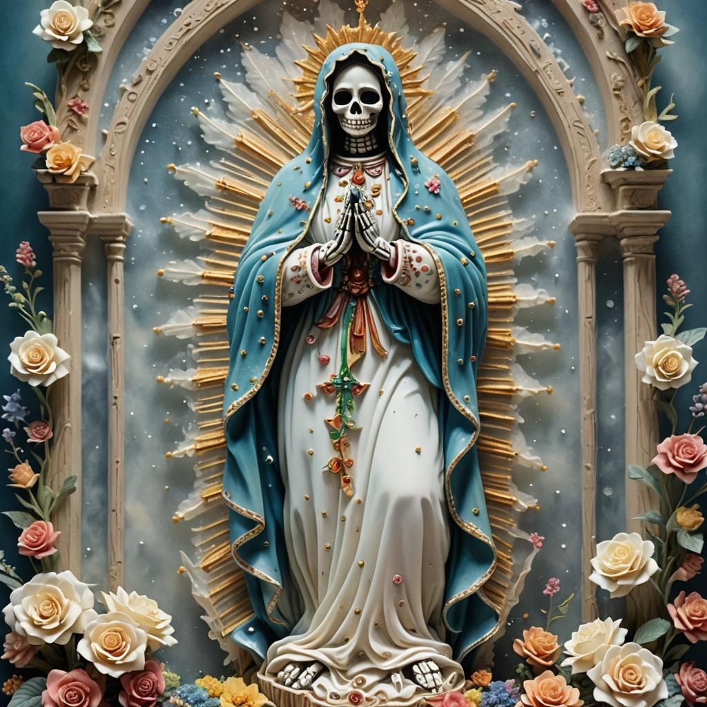 Impressionist Virgen de Guadalupe Skeleton Sculpture