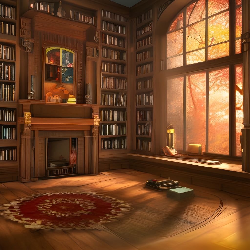 Cozy Library View of Autumn Forest