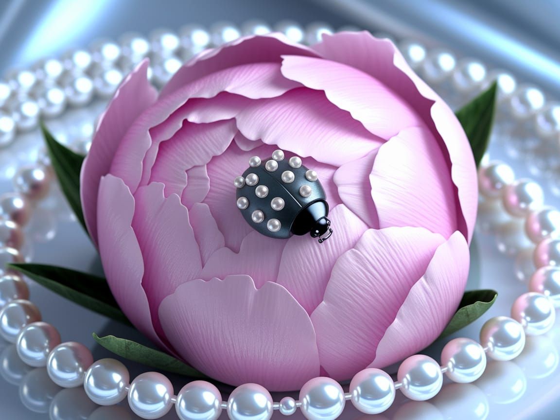 Ethereal Peony Ladybug Scene in Dreamy Hyper-Realism