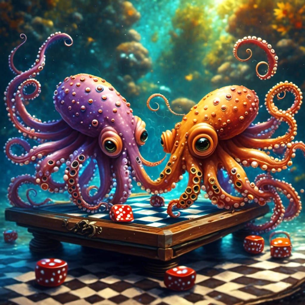 Octopuses Playing Checkers in Aquatic Scene