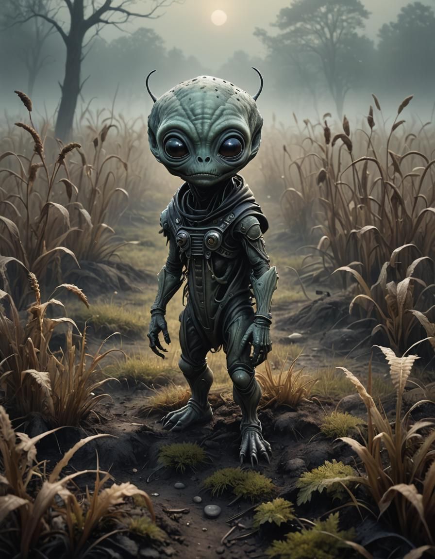 Sinister Baby Alien Cryptid in Foggy Field