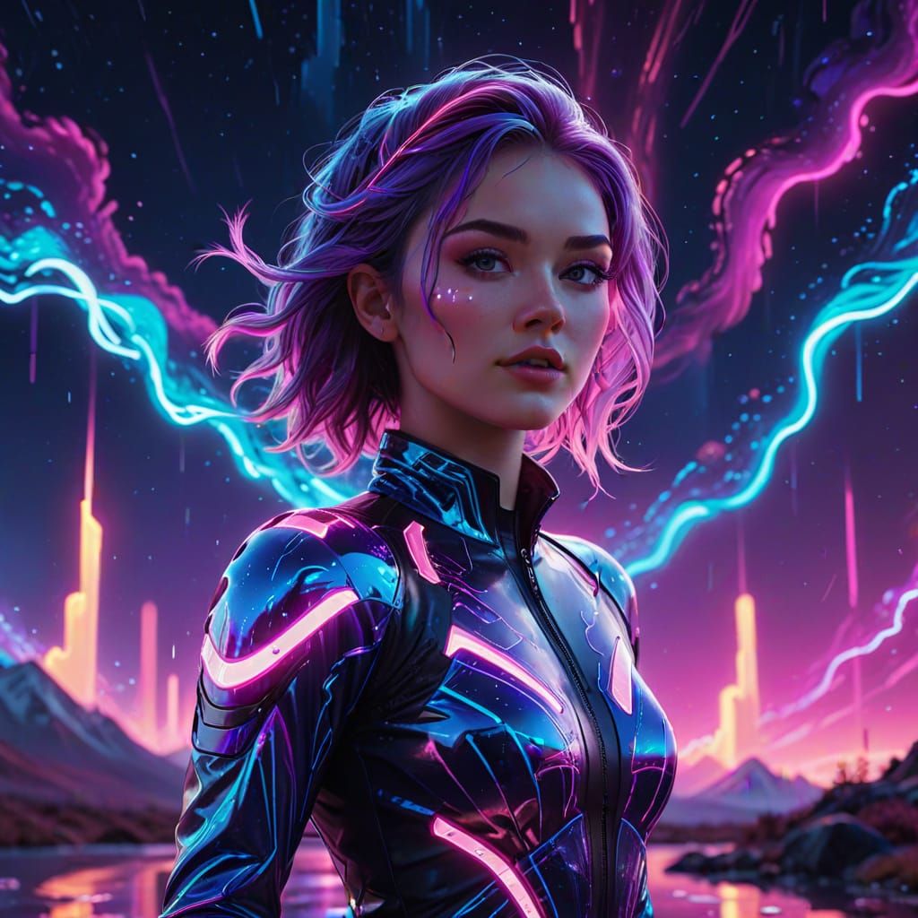 Synthwave Girl Dancing Under the Northern Lights