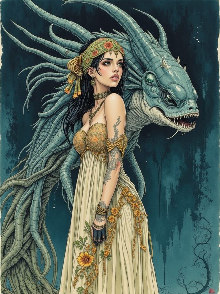 Woman in Sundress Before Oarfish Statue